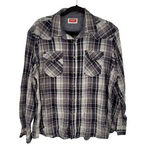 Wrangler mens large faded black gray plaid pearl snap long sleeve flannel